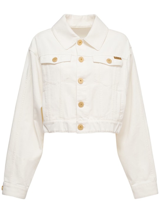 Balmain: Cotton denim buttoned crop jacket - White - women_0 | Luisa Via Roma