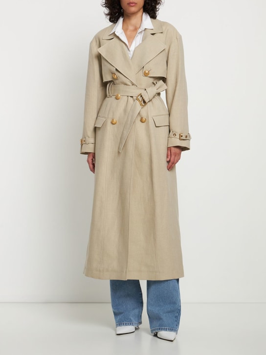 Balmain: Belted linen & hemp trench coat - Beige - women_1 | Luisa Via Roma