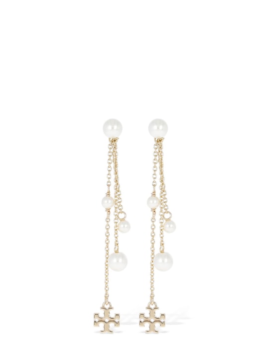 Tory Burch: Kira faux pearl linear earrings - Altın/Beyaz - women_0 | Luisa Via Roma