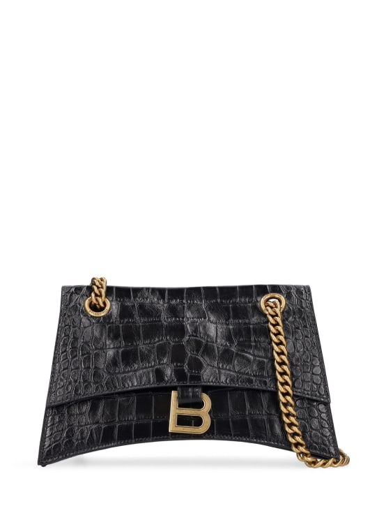 Balenciaga: Small Crush chain embossed leather bag - Siyah - women_0 | Luisa Via Roma