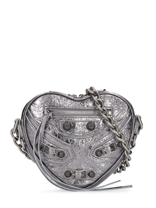 Balenciaga: Mini Cagole heart leather chain wallet - Gümüş - women_0 | Luisa Via Roma