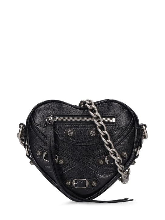 Balenciaga: Mini Cagole heart leather chain wallet - Siyah - women_0 | Luisa Via Roma