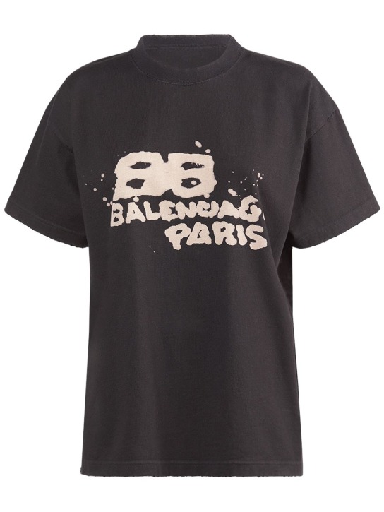 Balenciaga: Mittelgroßes Baumwoll-T-Shirt - Schwarz/Ecru - women_0 | Luisa Via Roma