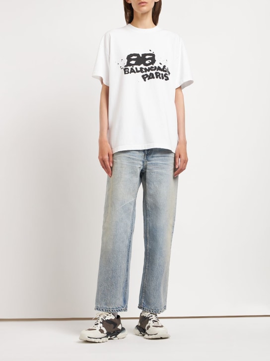 Balenciaga: Mittelgroßes Baumwoll-T-Shirt - Weiß/Schwarz - women_1 | Luisa Via Roma