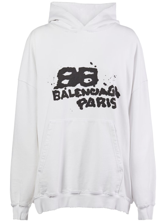 Balenciaga: Sweat-shirt ample en coton à capuche - Blanc/Noir - women_0 | Luisa Via Roma