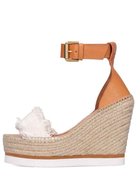 See By Chloé: 120mm Glyn canvas & leather wedges - White/Brown - women_0 | Luisa Via Roma