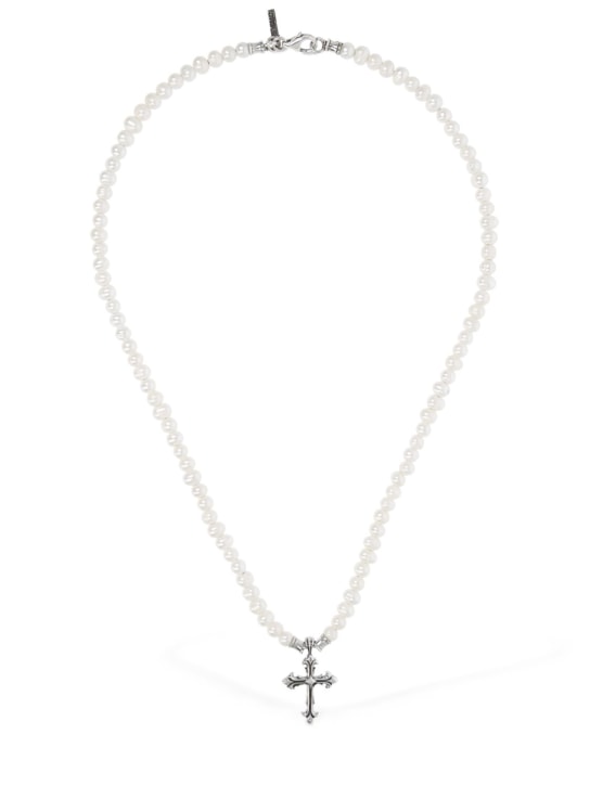 Emanuele Bicocchi: Collier chaîne avec perles et pendentif croix - Pearl/Silver - men_0 | Luisa Via Roma