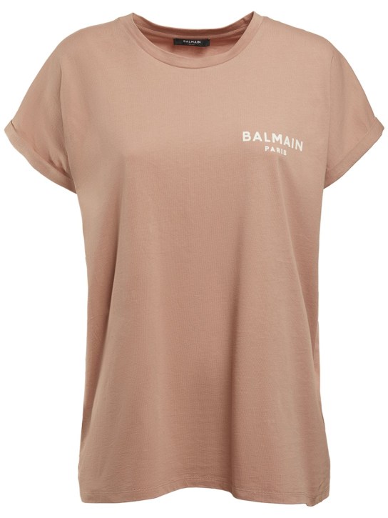 Balmain: 植绒logo棉质平纹针织T恤 - 裸色/白色 - women_0 | Luisa Via Roma