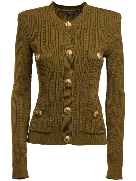 Balmain: Buttoned viscose rib knit cardigan - Military Green - women_0 | Luisa Via Roma