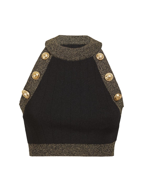 Balmain: Sleeveless viscose knit crop top - Black/Gold - women_0 | Luisa Via Roma