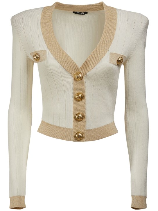 Balmain: Viscose knit lurex cardigan - White/Gold - women_0 | Luisa Via Roma