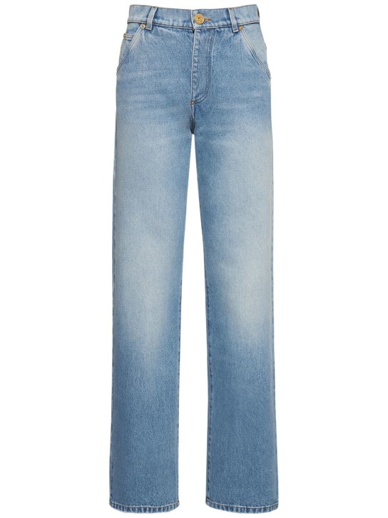 Balmain: Jeans rectos de denim con cintura alta - Denim - women_0 | Luisa Via Roma