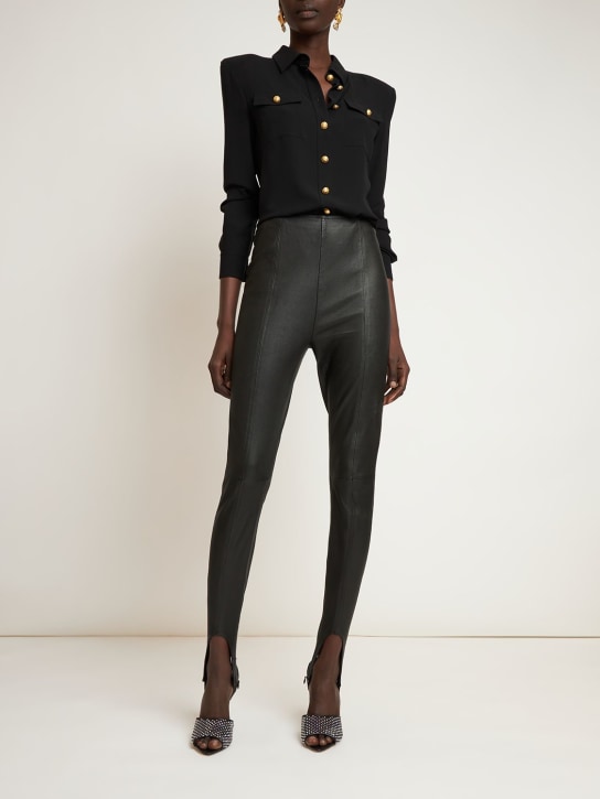 Balmain: Pantalones de piel con cintura alta - Negro - women_1 | Luisa Via Roma