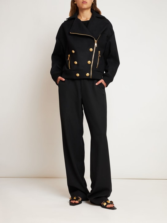 Balmain: Manteau court oversize en laine bouillie avec zip - Noir - women_1 | Luisa Via Roma