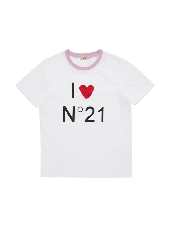 N°21: T-shirt en jersey de coton imprimé avec patch - Blanc - kids-girls_0 | Luisa Via Roma