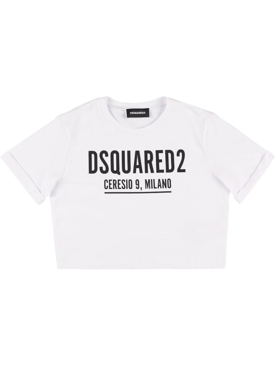 Dsquared2: T-shirt court en coton à logo caoutchouté - Blanc - kids-girls_0 | Luisa Via Roma
