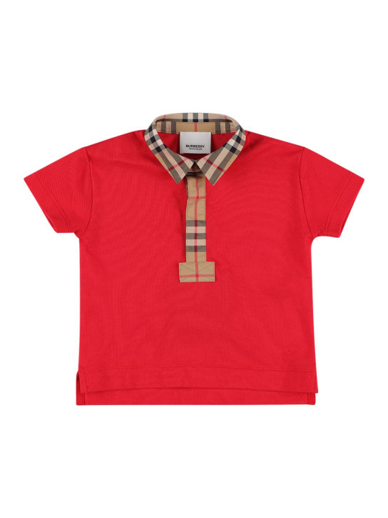 Burberry: Polo en piqué de coton avec inserts à carreaux - Rouge - kids-boys_0 | Luisa Via Roma