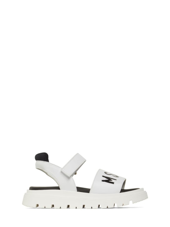 MSGM: Logo print leather strap sandals - White/Black - kids-boys_0 | Luisa Via Roma
