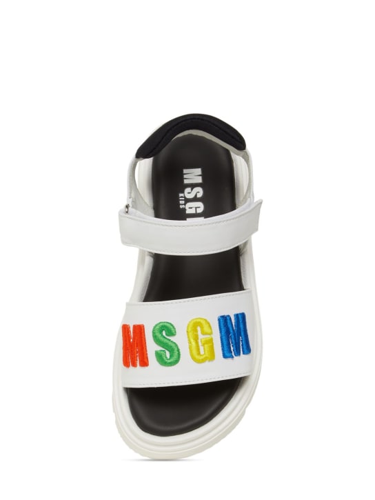 MSGM: Embroidered logo leather strap sandals - White - kids-boys_1 | Luisa Via Roma