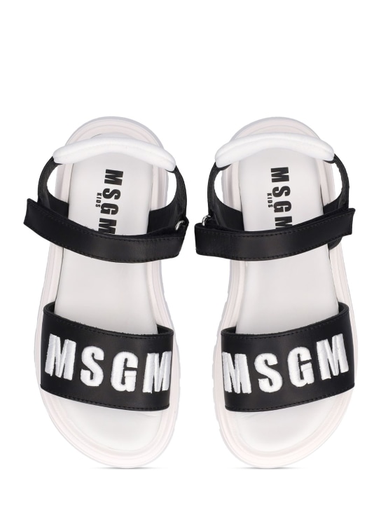MSGM: Embroidered logo leather strap sandals - Black - kids-girls_1 | Luisa Via Roma