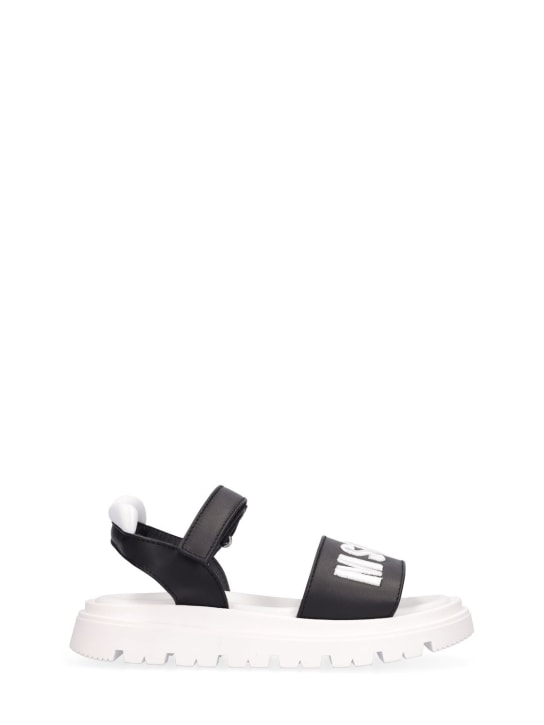 MSGM: Embroidered logo leather strap sandals - Black - kids-girls_0 | Luisa Via Roma