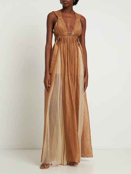 Alberta Ferretti: Pantalon plissé en mousseline de soie transparente - Beige - women_1 | Luisa Via Roma