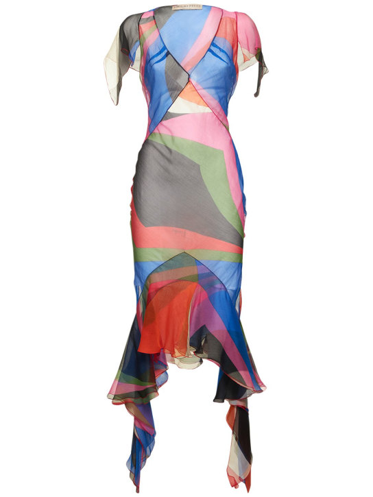 Pucci: Robe midi en crêpe imprimé à volants - Multicolore - women_0 | Luisa Via Roma