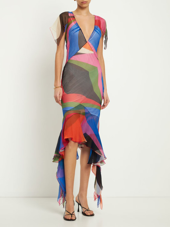 Pucci: Crepe Goccia print ruffle midi dress - Multicolor - women_1 | Luisa Via Roma