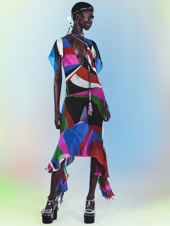 Pucci: Goccia印花绉纱褶饰迷笛连衣裙 - 多色 - women_3 | Luisa Via Roma