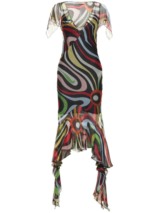 Pucci: Chiffon Marmo print ruffle midi dress - Multicolor - women_0 | Luisa Via Roma