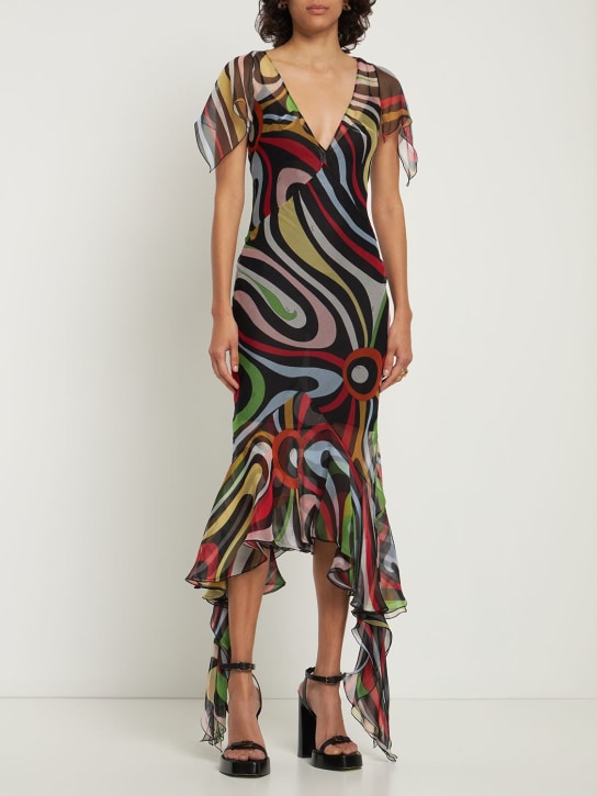 Pucci: Chiffon Marmo print ruffle midi dress - Multicolor - women_1 | Luisa Via Roma