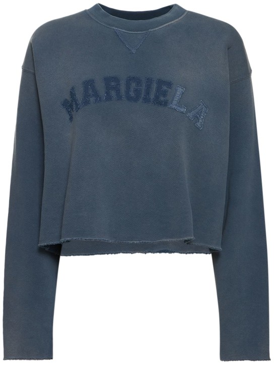 Maison Margiela: Sweat-shirt en coton délavé à logo - Bleu - women_0 | Luisa Via Roma