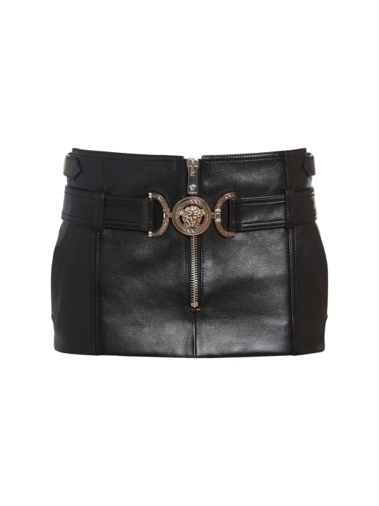 Versace: Leather belted mini skirt w/ logo - Black - women_0 | Luisa Via Roma