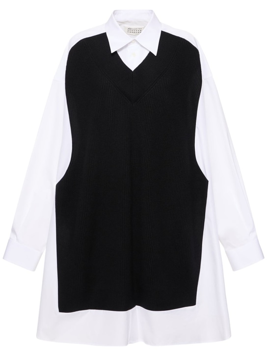 Maison Margiela: Robe chemise courte en maille et popeline de coton - Blanc/Noir - women_0 | Luisa Via Roma