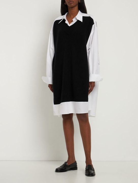 Maison Margiela: Cotton poplin & knit mini shirt dress - Beyaz/Siyah - women_1 | Luisa Via Roma
