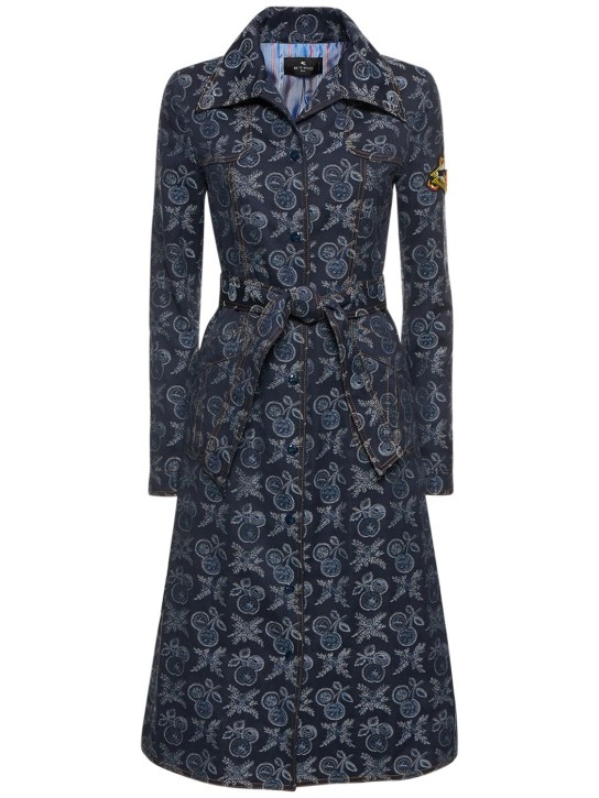 Etro: Manteau long en denim brodé avec ceinture - Bleu - women_0 | Luisa Via Roma