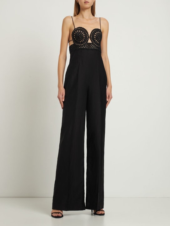 Stella McCartney: Combi en popeline de lin mélangé & top en dentelle - Noir - women_1 | Luisa Via Roma