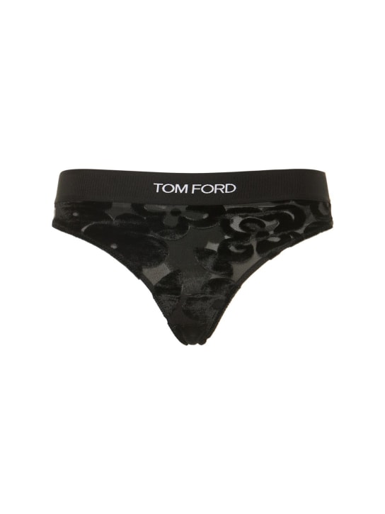 Tom Ford: Perizoma in tulle dévoré con logo - Nero - women_0 | Luisa Via Roma