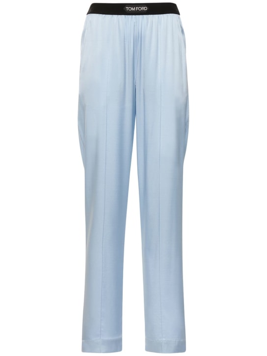 Tom Ford: Pantalones de pijama de satén de seda con logo - Azul Claro - women_0 | Luisa Via Roma