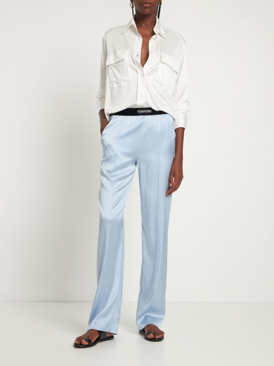 Tom Ford: Logo silk satin pajama pants - Light Blue - women_1 | Luisa Via Roma