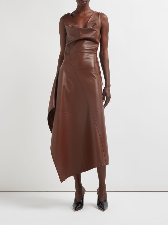 Bottega Veneta: Leather asymmetric midi dress - Dark Cognac - women_1 | Luisa Via Roma