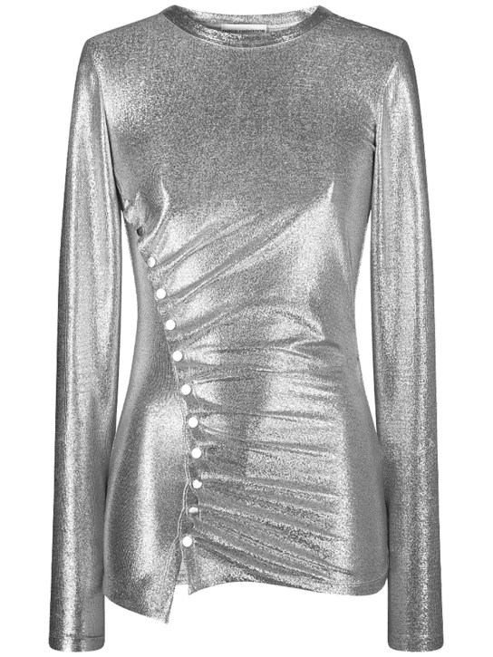 Rabanne: Metallic viscose jersey lurex draped top - Silver - women_0 | Luisa Via Roma