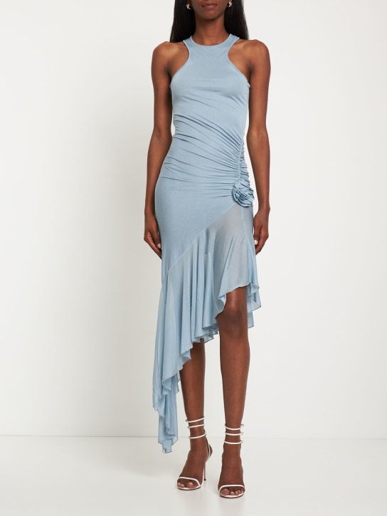 Blumarine: Vestito midi in jersey di viscosa con drappeggio - Celeste - women_1 | Luisa Via Roma