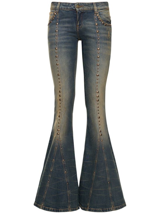 Blumarine: Denim studded low waist flare jeans - Dark Denim - women_0 | Luisa Via Roma