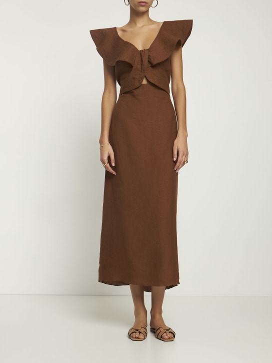 Johanna Ortiz: Kilimanjaro ruffled linen midi dress - women_1 | Luisa Via Roma