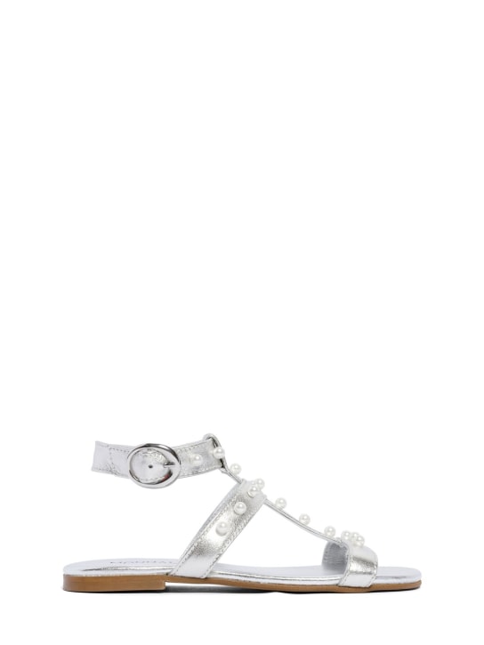Monnalisa: 装饰金属色皮革凉鞋 - 银色 - kids-girls_0 | Luisa Via Roma