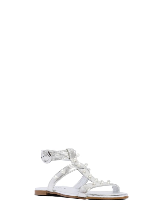 Monnalisa: 装饰金属色皮革凉鞋 - 银色 - kids-girls_1 | Luisa Via Roma