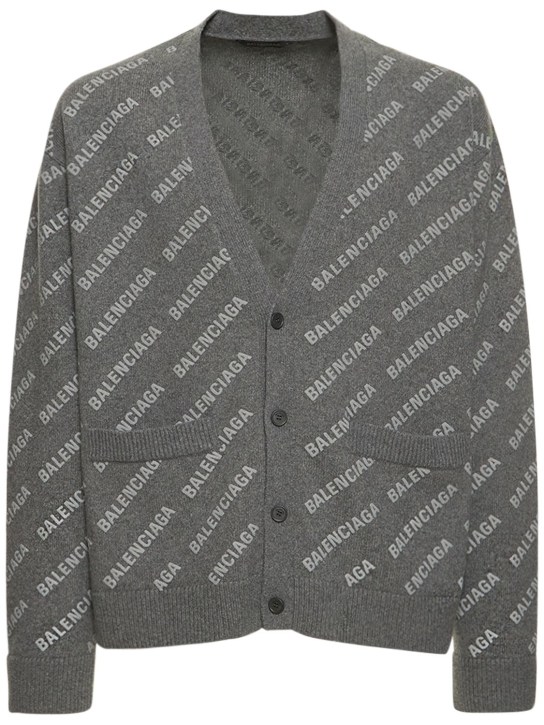 Balenciaga: Cardigan in maglia di cashmere con logo - Grigio Melange - men_0 | Luisa Via Roma