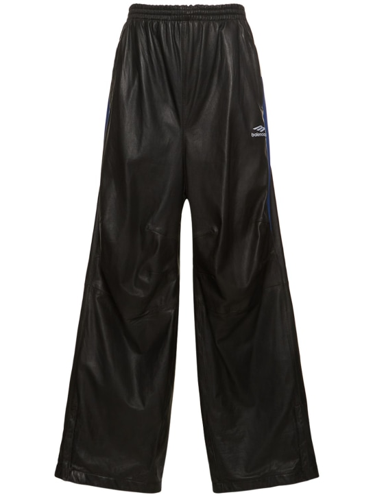 Balenciaga: Pantalon de survêtement en cuir - Noir/Bleu - men_0 | Luisa Via Roma