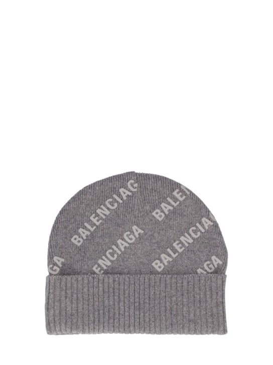 Balenciaga: Logo printed cashmere knit beanie hat - Graumeliert - men_0 | Luisa Via Roma